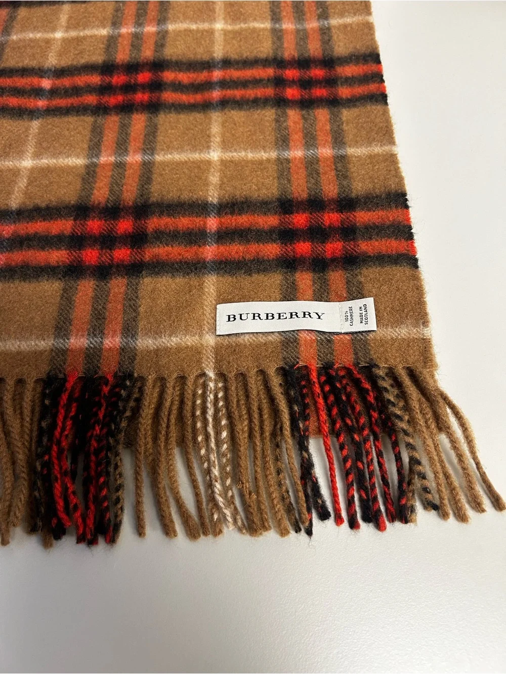 Burberry Camel Plaid Cashmere Scarf with Red and Black Accents